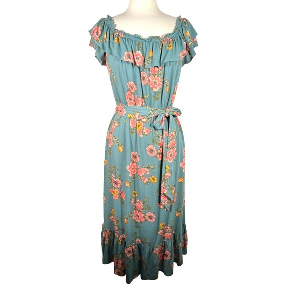 Blu Dahlia Off Shoulder Floral Dress M Teal Green Belted Short Sleeve Summer - Picture 1 of 7